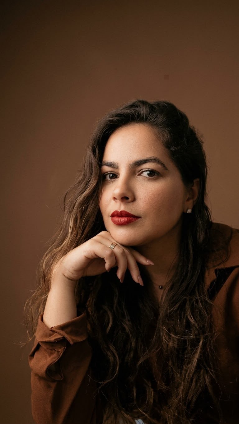 Retrato de Yasmim Fortuna, com a mão apoiada no queixo